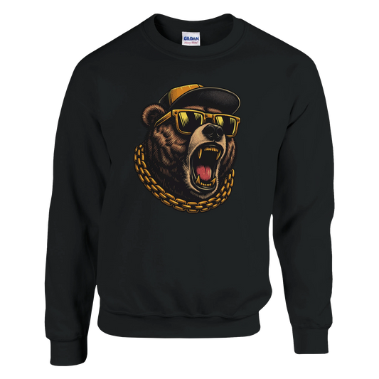 Black men's graphic sweatshirt with a bear graphic wearing sunglasses and a cap on a white background
