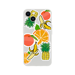 Clear iPhone case featuring a sticker effect design with orange slices, bananas, pineapples, and peaches.