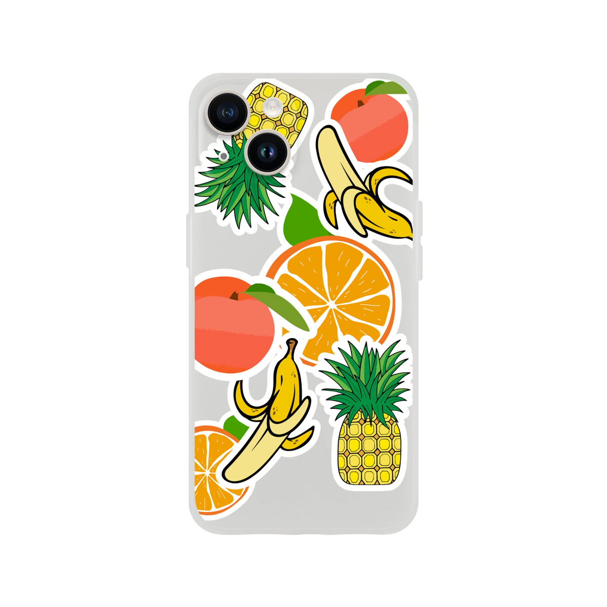 Clear iPhone case featuring a sticker effect design with orange slices, bananas, pineapples, and peaches.