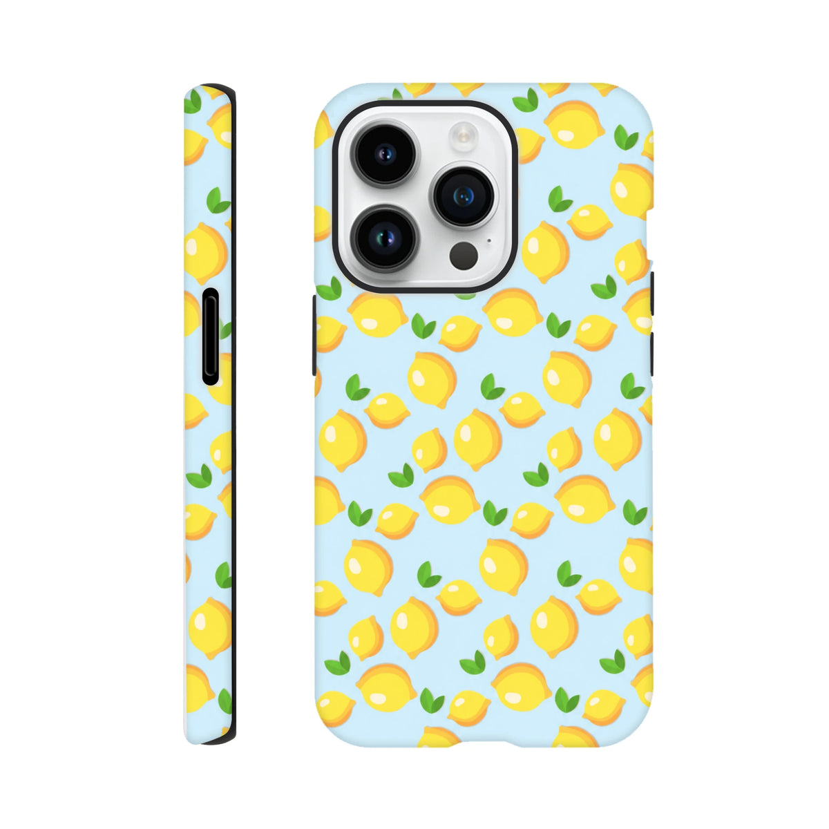 Cute lemon tough iPhone case featuring a fresh yellow fruit pattern with green leaves on a light blue background for models 13-16.