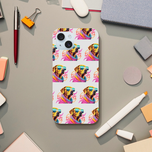 Tough iPhone case with glossy finish and wraparound colorful dog pattern wearing sunglasses for iPhone 16/15/14/13.