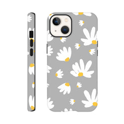 Grey iPhone case featuring a white floral daisy pattern with yellow centers. Tough protective cover with botanical print on utilitarian grey tone.