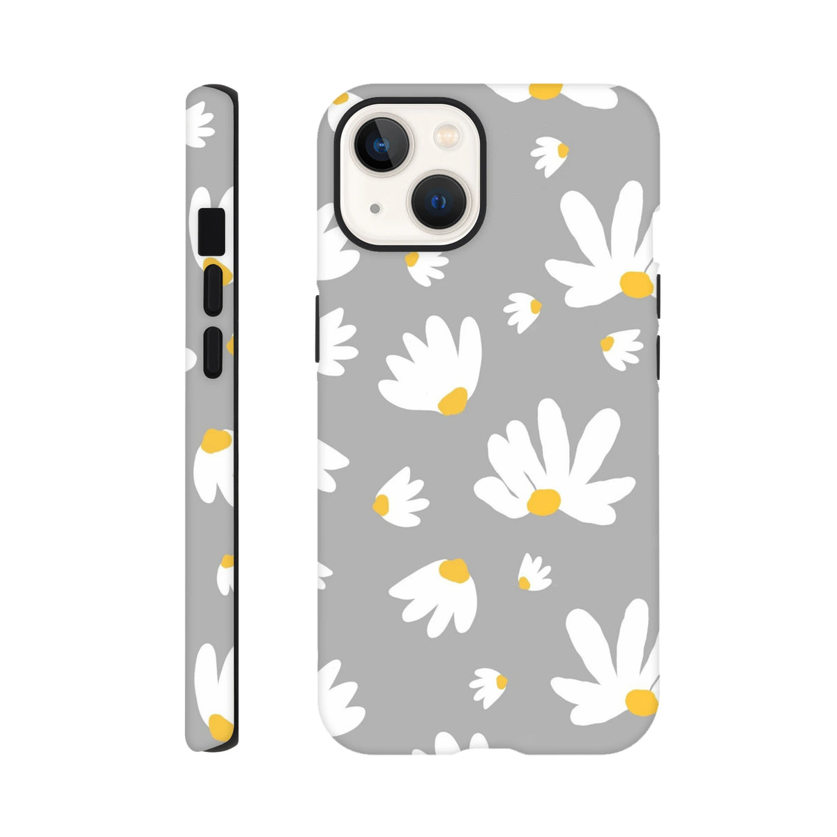 Grey iPhone case featuring a white floral daisy pattern with yellow centers. Tough protective cover with botanical print on utilitarian grey tone.