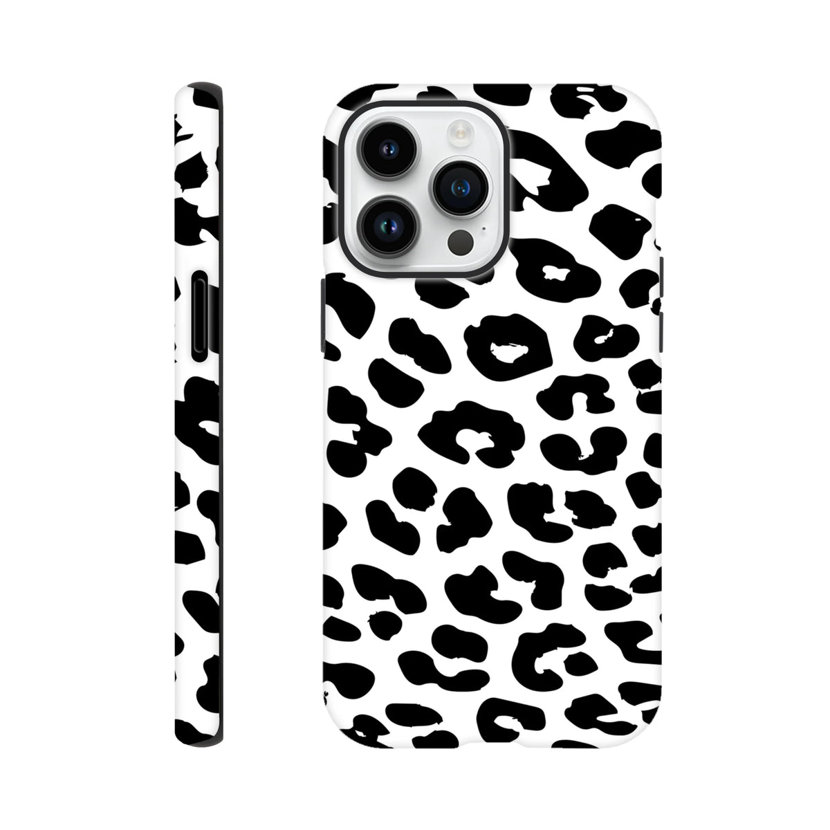 Black and white snow leopard print tough iPhone case with seamless wrap-around design and shock-absorbing protection for daily bumps.
