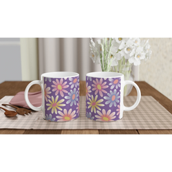 Retro Pastel Daisy Mug, durable ceramic floral coffee cup with pastel daisies and white handles.