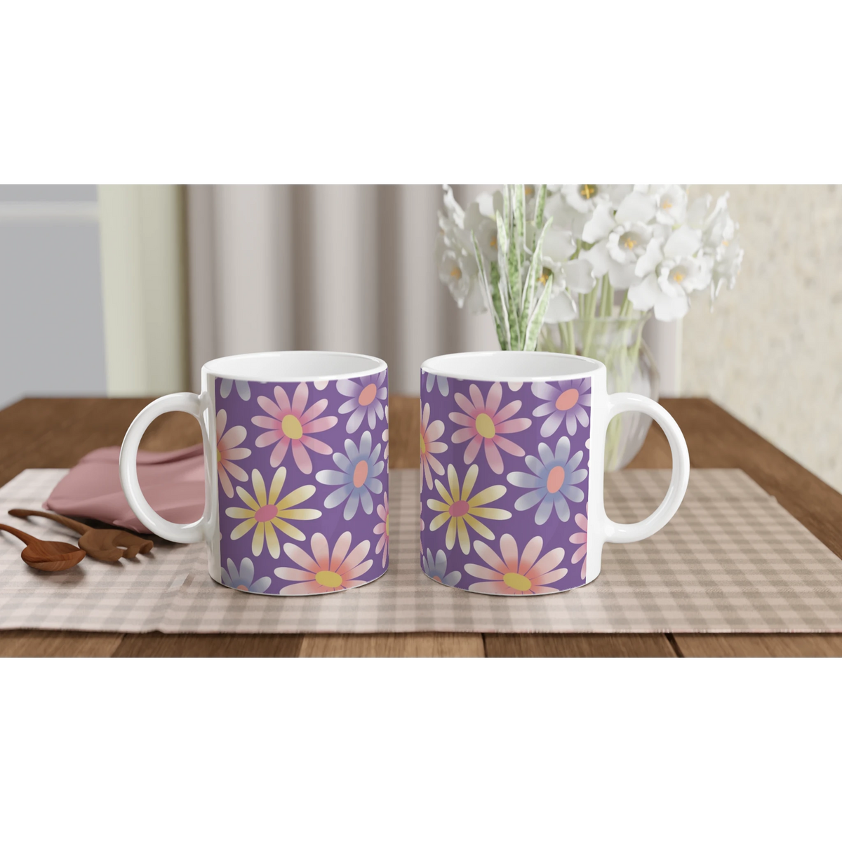 Retro Pastel Daisy Mug, durable ceramic floral coffee cup with pastel daisies and white handles.