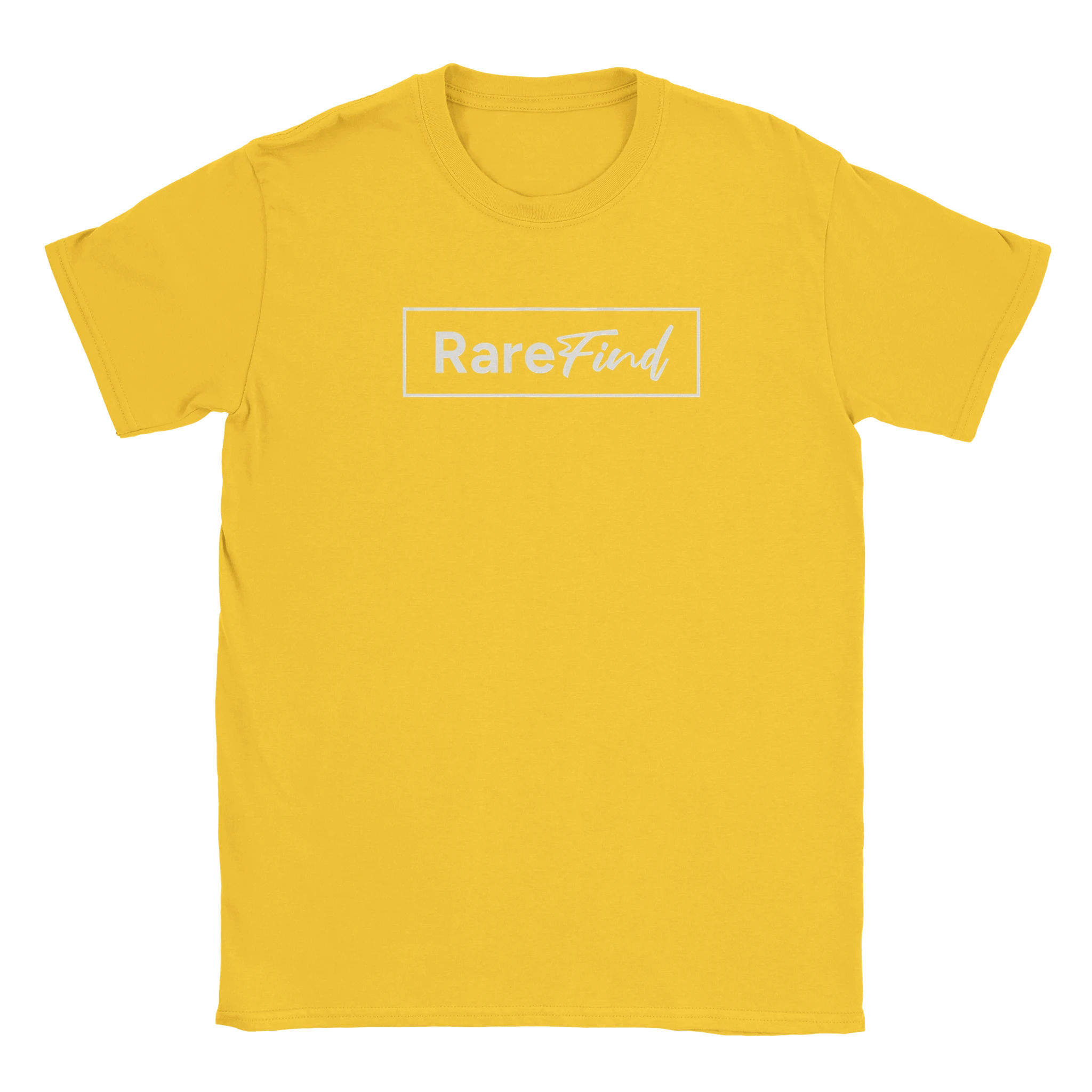 Yellow T-shirt with white Rare Find slogan inside a bordered rectangle