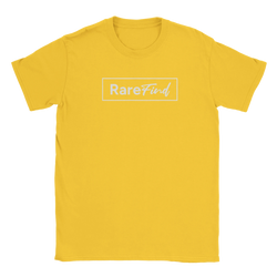 Yellow T-shirt with white Rare Find slogan inside a bordered rectangle