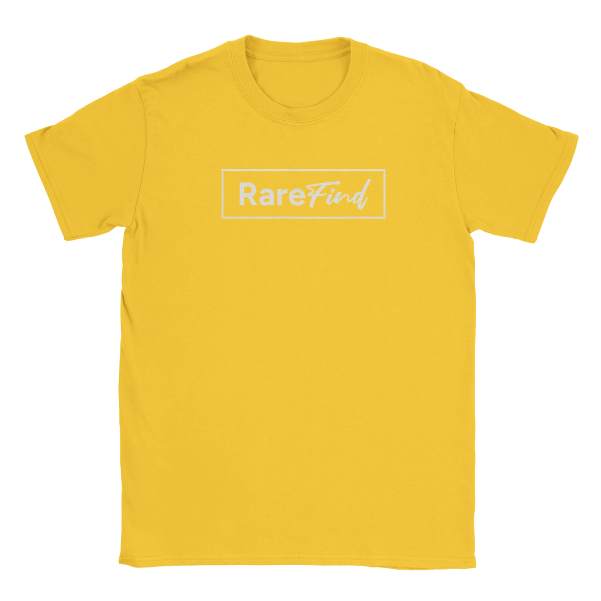 Yellow T-shirt with white Rare Find slogan inside a bordered rectangle
