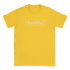 Yellow T-shirt with white Rare Find slogan inside a bordered rectangle