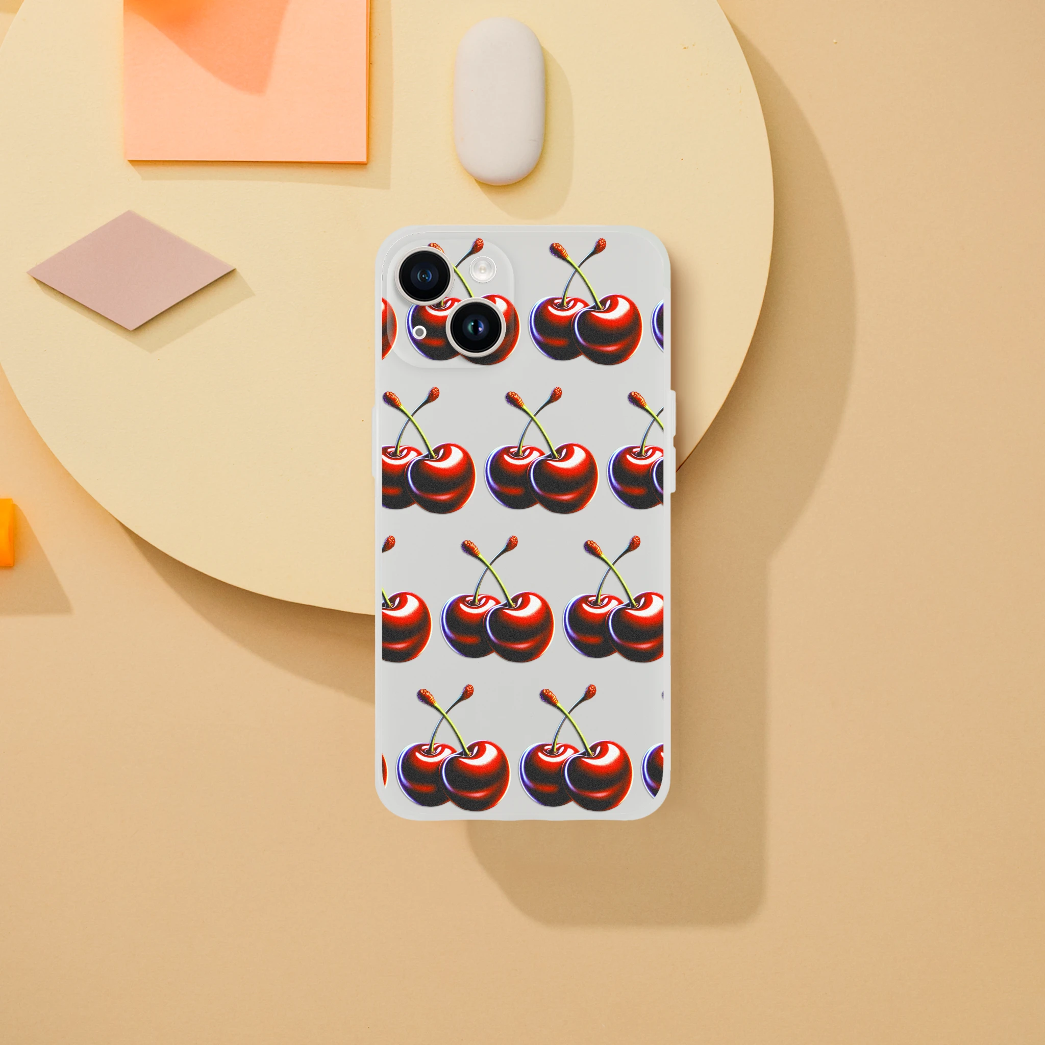 Cherries pattern slim protective iPhone case for 13–16, transparent Flexi Cover with durable protection.