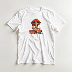 White Lips graphic T-shirt with finger-to-lips shushing icon and "SHUT UP" text.