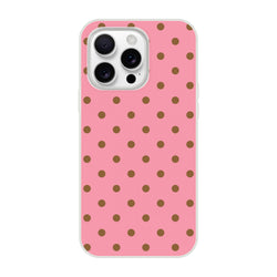 Retro pink iPhone case with brown polka dots, featuring flexible TPU protection for daily use.