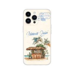 Vintage postcard iPhone case (13-16) featuring island holiday scene with palm trees and a thatched hut.