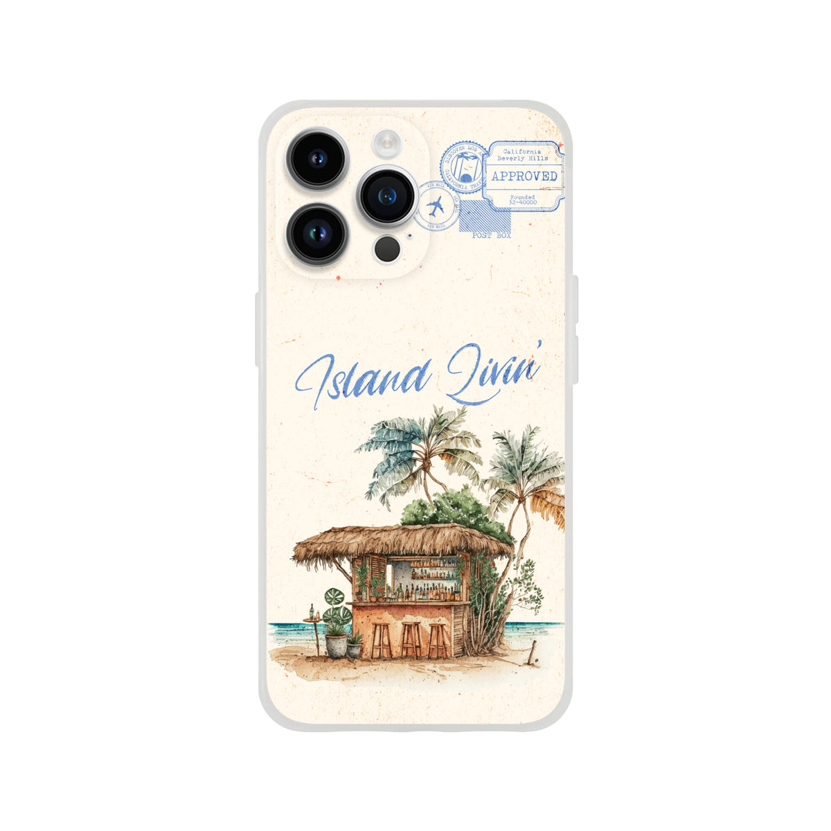 Vintage postcard iPhone case (13-16) featuring island holiday scene with palm trees and a thatched hut.