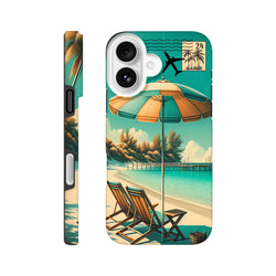 Vintage beach holiday iPhone case featuring retro beach chairs, striped umbrella, airplane, and postmark graphic on teal background.
