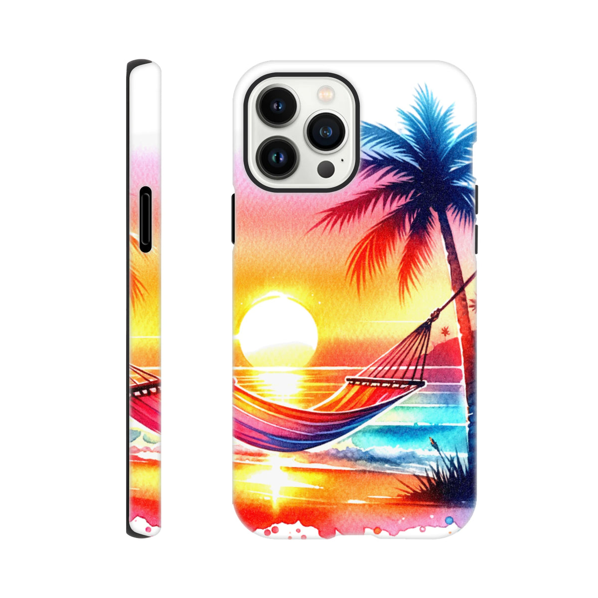 Tropical sunset iPhone case with palm tree and hammock design, featuring vivid orange and blue watercolor art for shock-absorbing protection.