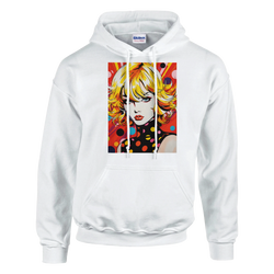 White pullover hoodie featuring a vibrant retro blonde pop art woman graphic with bold colors and polka dots.