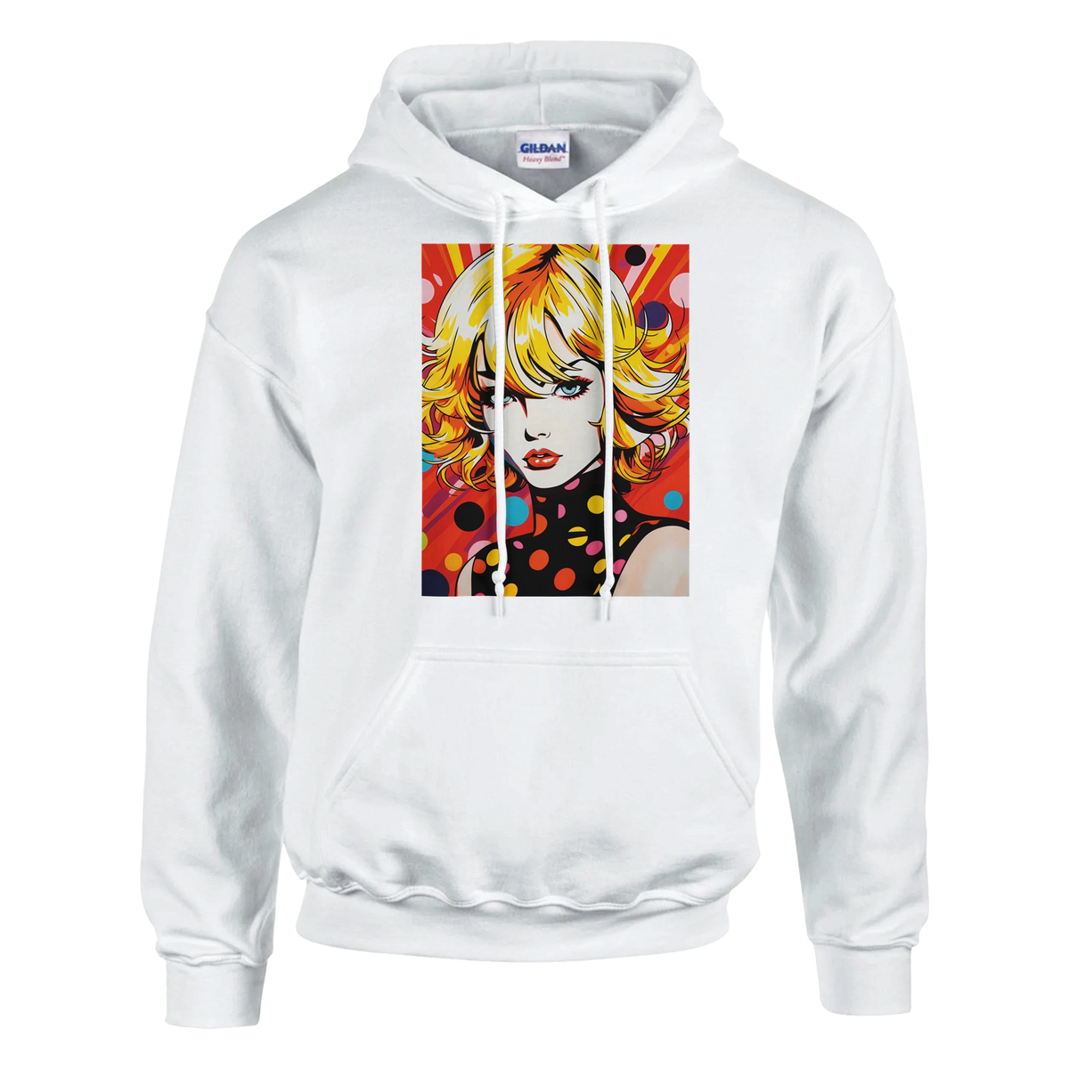 White pullover hoodie featuring a vibrant retro blonde pop art woman graphic with bold colors and polka dots.