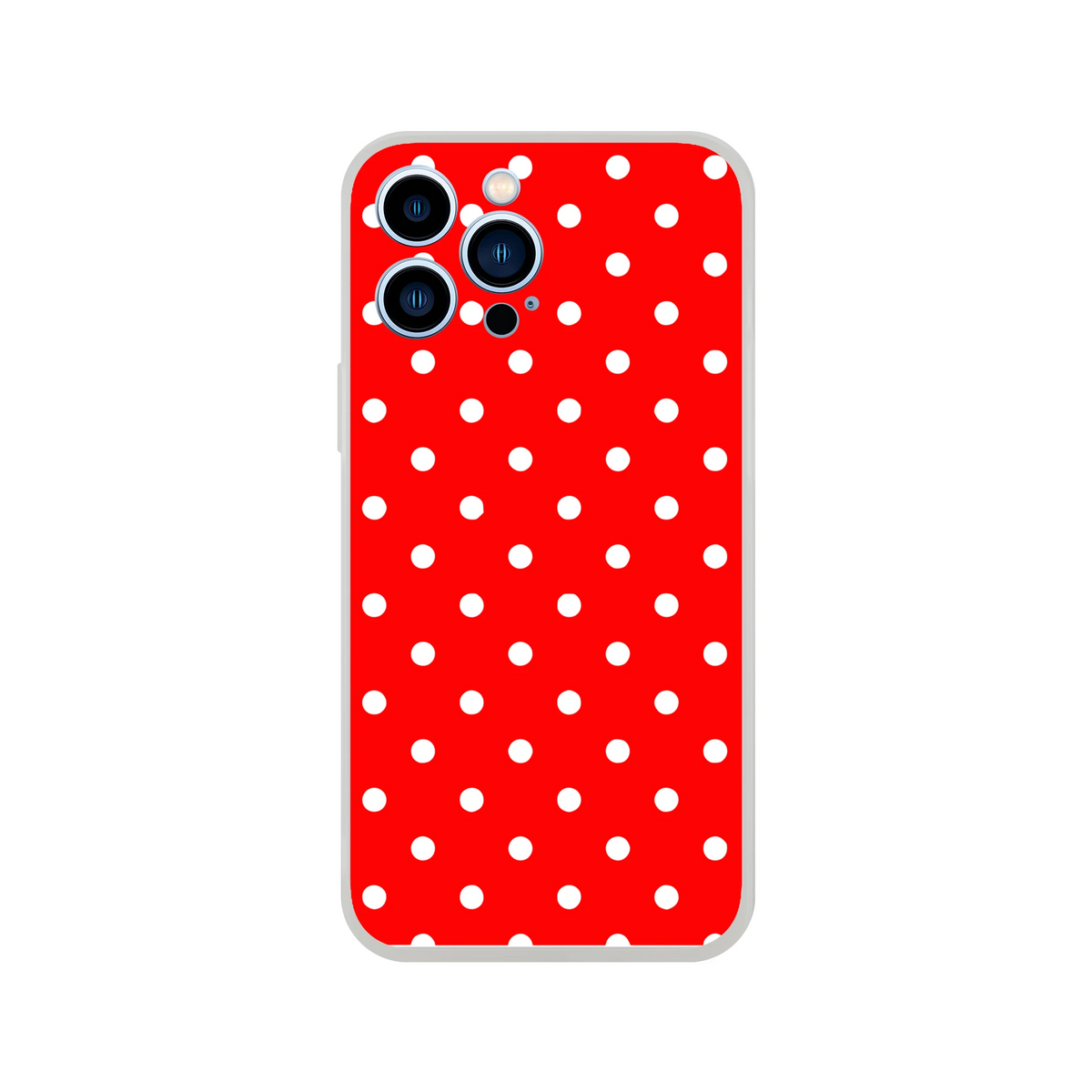 Red and white polka dot iPhone case with retro styling. Slim TPU phone cover for 13-16 models offering shock-absorbing protection.