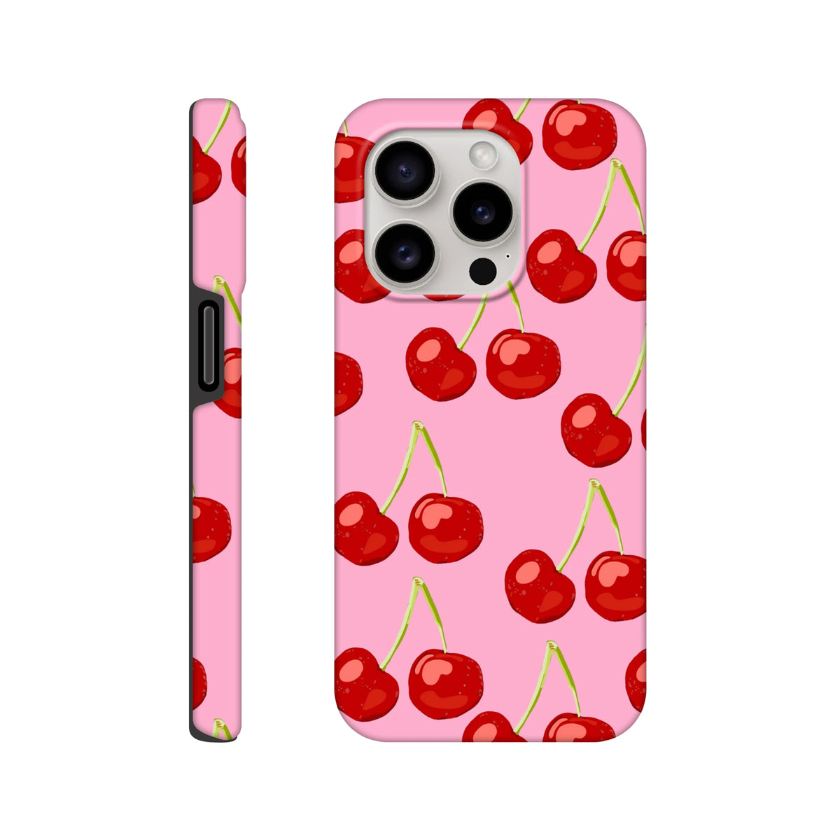 Pink iPhone case featuring a seamless wraparound print of cute red cherries with green stems on a vibrant pink background.