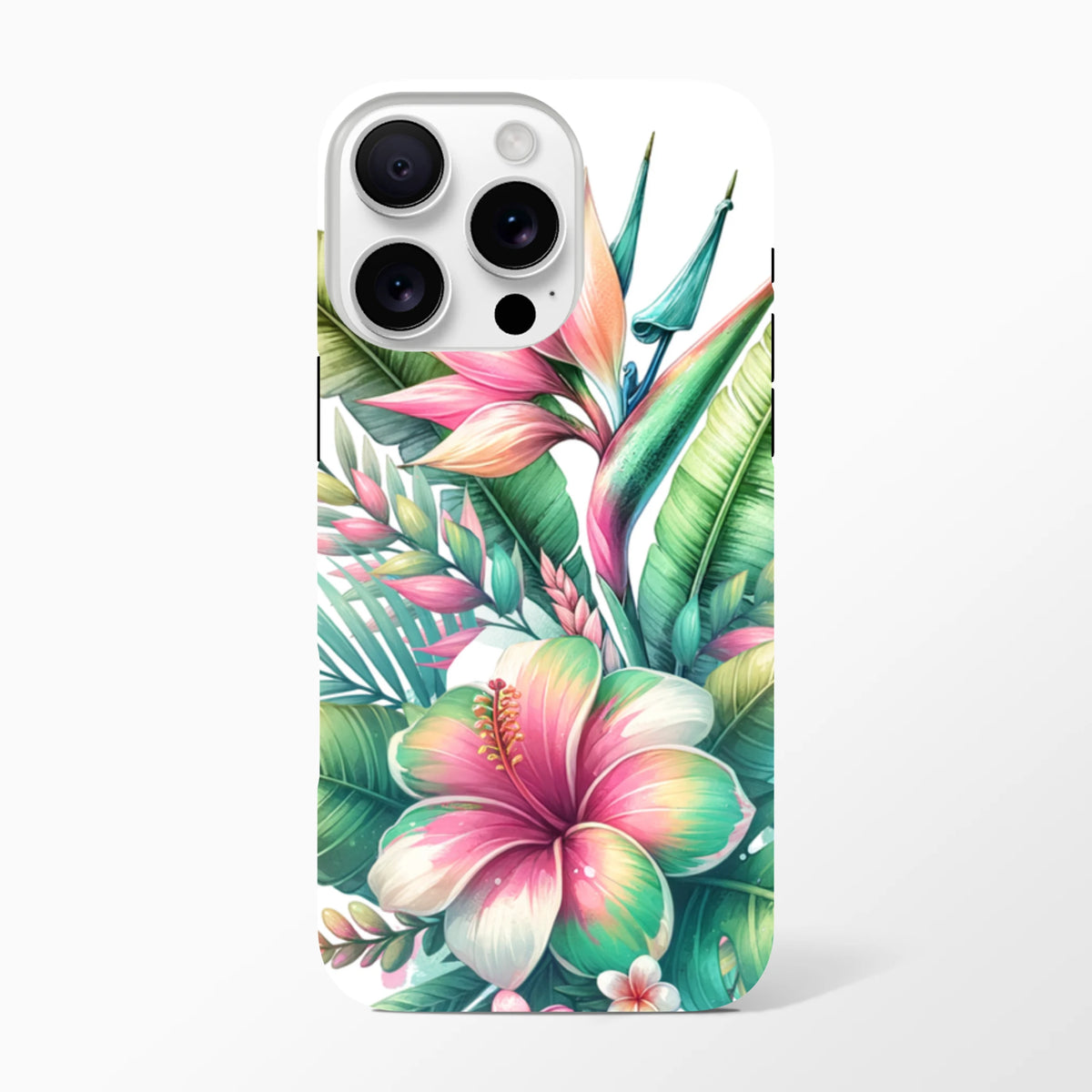 Tropical hibiscus floral iPhone case with vibrant pink flower and green leaves for impact-resistant protection on iPhone 13-16.