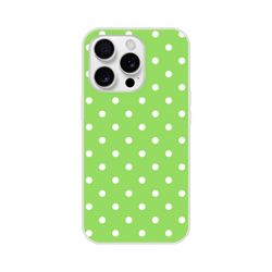Retro green and white polka dot iPhone case with matte finish and shock-absorbing thermoplastic polyurethane construction for impact resistance.