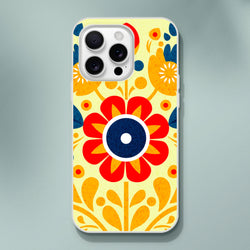 Vintage floral iPhone case for iPhone 13-16 with retro yellow background, bold orange petals and blue leaves.