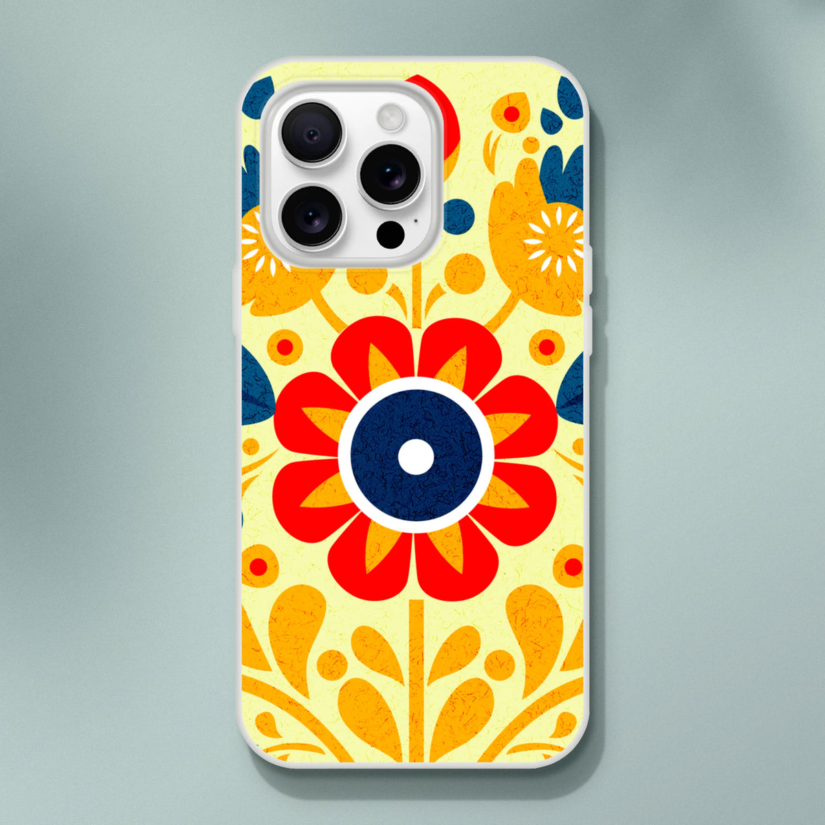 Vintage floral iPhone case for iPhone 13-16 with retro yellow background, bold orange petals and blue leaves.