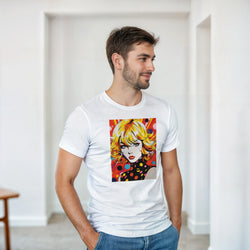 Man wearing white T-shirt with bold 70s pop-art girl graphic on front.