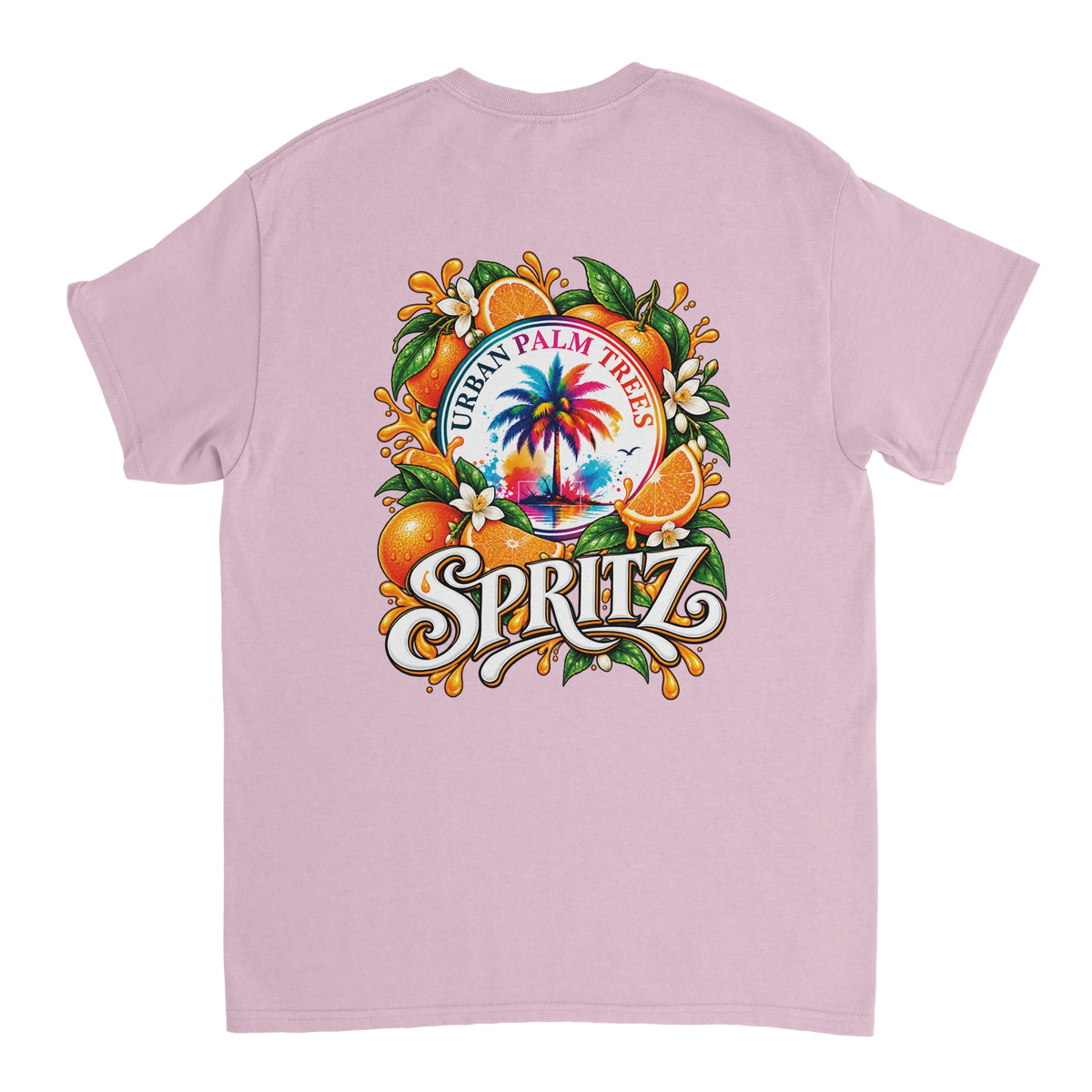 Retro Orange Spritz women's t-shirt back print featuring colorful palm tree, oranges, and floral graphics in vintage summer style.