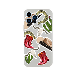 Western iPhone case featuring cowboy boots, cactus, horseshoe, and longhorn sticker graphics. shockproof cover for iPhone 13-16.