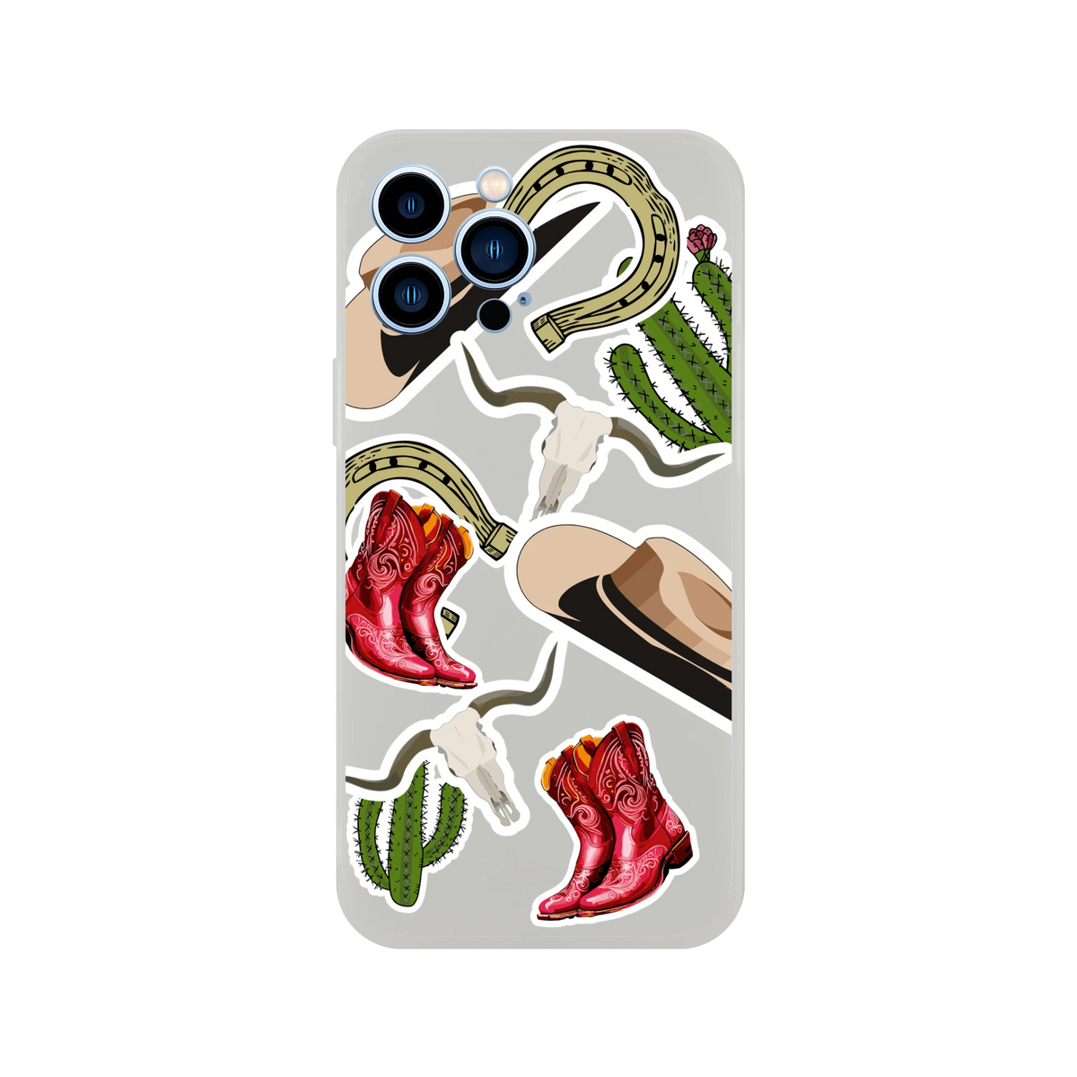 Western iPhone case featuring cowboy boots, cactus, horseshoe, and longhorn sticker graphics. shockproof cover for iPhone 13-16.