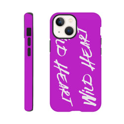 Vivid purple tough iPhone case featuring white "Wild Heart" brush script slogan print for shock-absorbing urban protection.
