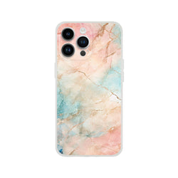 Pastel marble iPhone case in peach and aqua for iPhone 13–16 with triple camera cutouts and abstract pattern