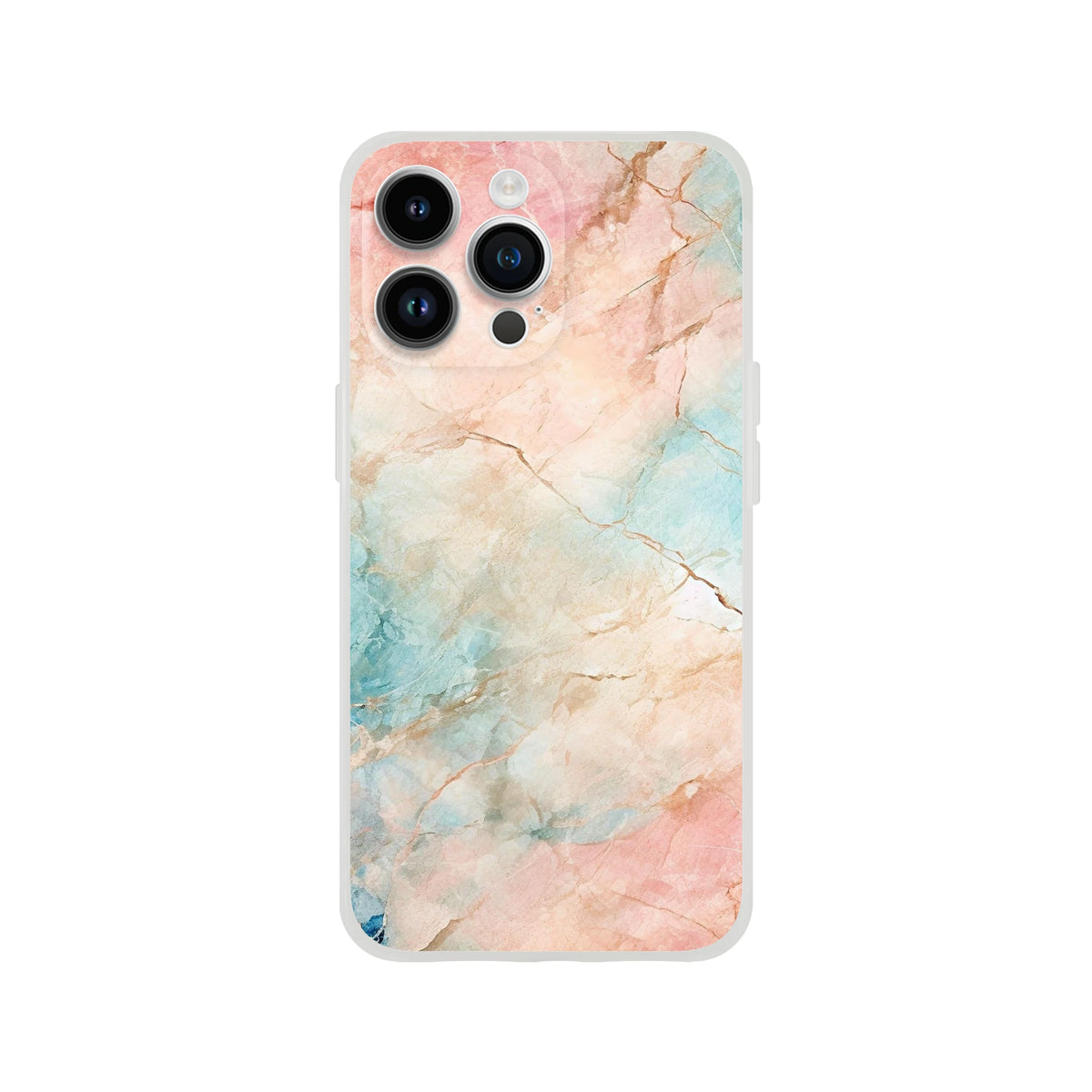 Pastel marble iPhone case in peach and aqua for iPhone 13–16 with triple camera cutouts and abstract pattern