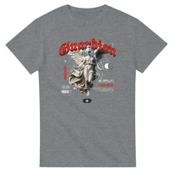 Grey cotton-blend crew-neck T-shirt with a gothic guardian-angel back graphic and red streetwear text.