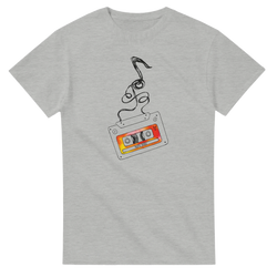 Retro cassette tape graphic t-shirt for men with a hanging, colorful cassette illustration.