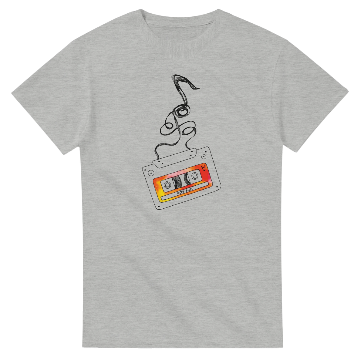 Retro cassette tape graphic t-shirt for men with a hanging, colorful cassette illustration.