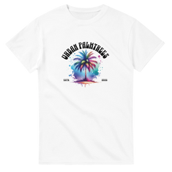 Urban Palm Trees T-shirt for Men featuring a vibrant circular palm tree graphic in retro streetwear style.
