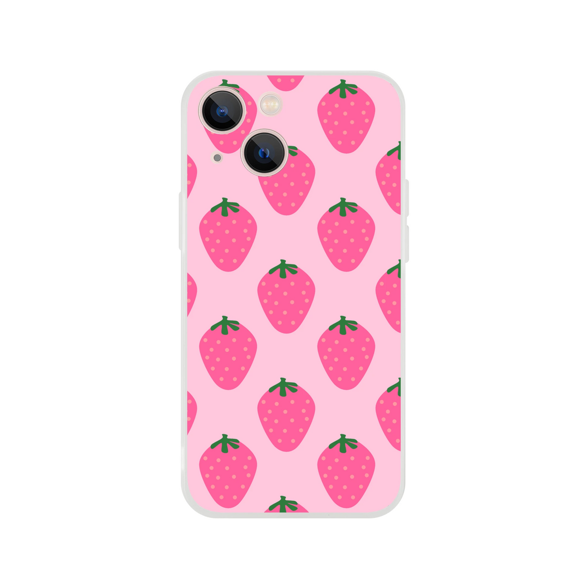 Cute pink strawberry iPhone case for 13-16 with kawaii fruit aesthetic pattern.