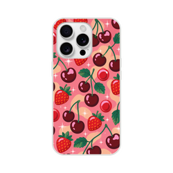 Retro fruit iPhone case with a pink cherry and strawberry pattern. Shock-absorbing TPU cover for iPhone 13-16 models.