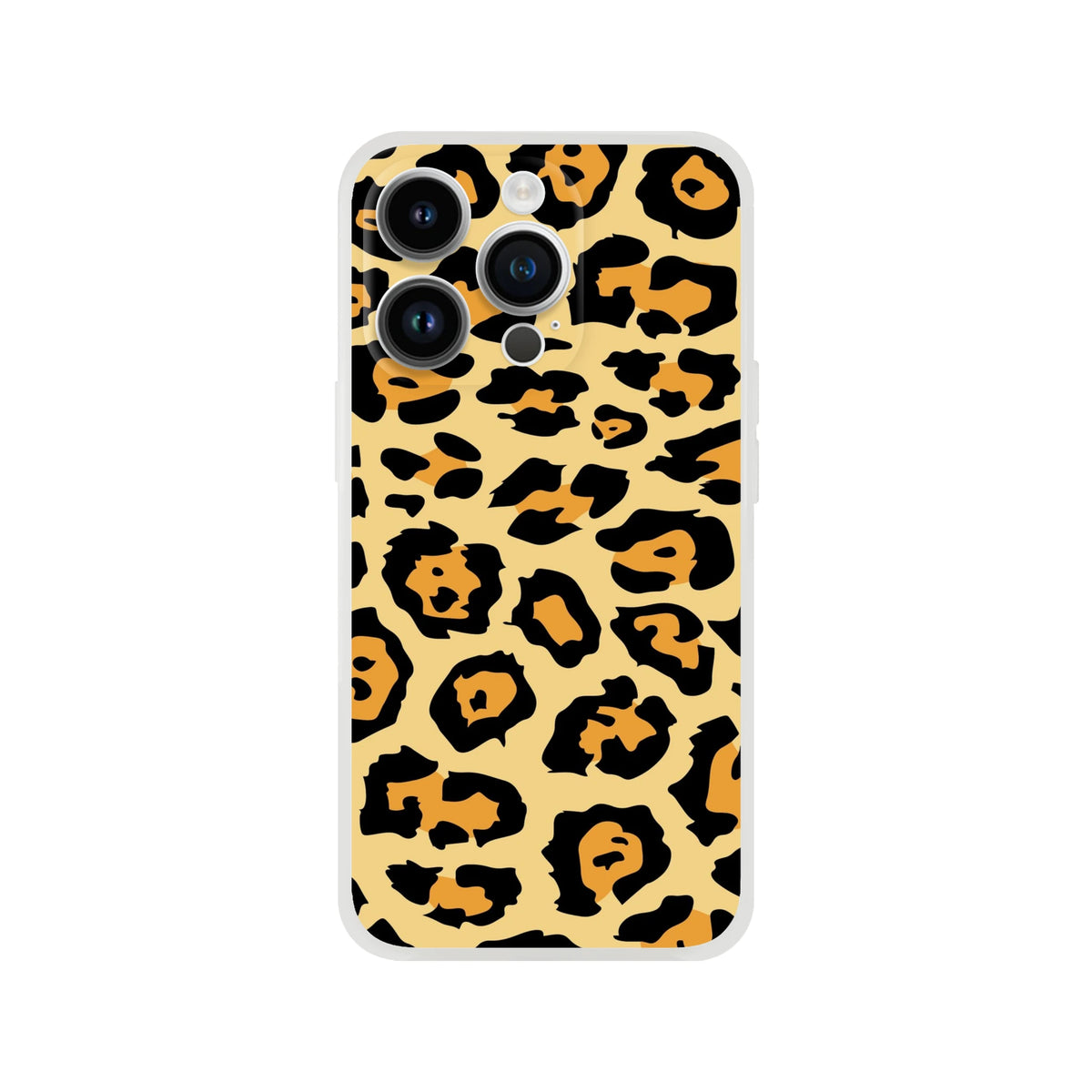 Leopard print iPhone case with beige backdrop and black-orange spots, retro animal design for iPhone 13–16