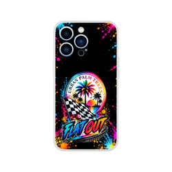 Flat Out iPhone case featuring colorful paint splatters, checkered flag, and Urban Palm Trees sunset design for petrolheads.