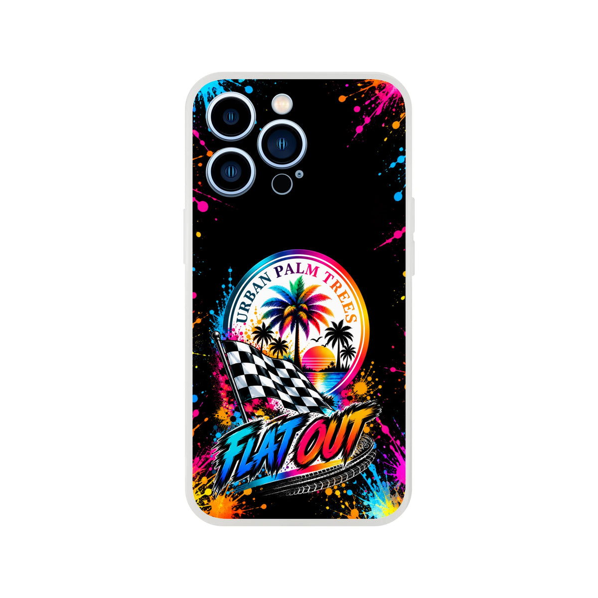 Flat Out iPhone case featuring colorful paint splatters, checkered flag, and Urban Palm Trees sunset design for petrolheads.