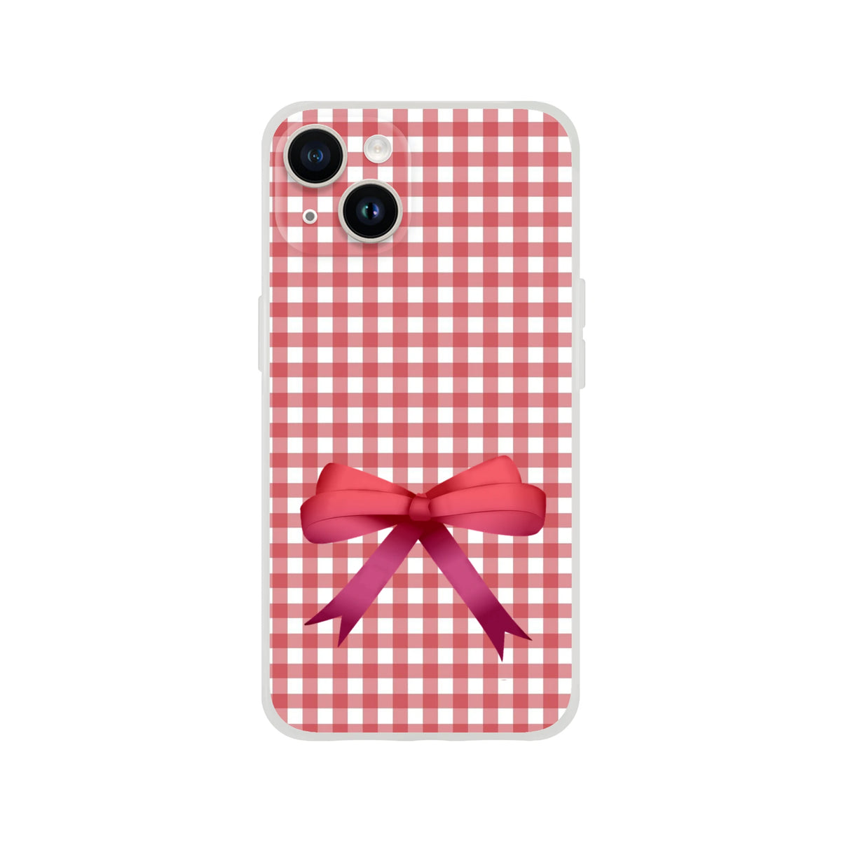 Red gingham bow iPhone case for iPhone 13-16, cute coquette aesthetic with a pink bow accent.