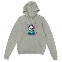 Panda DJ graphic hoodie on heather grey, front panda at turntables with colorful paint splashes.