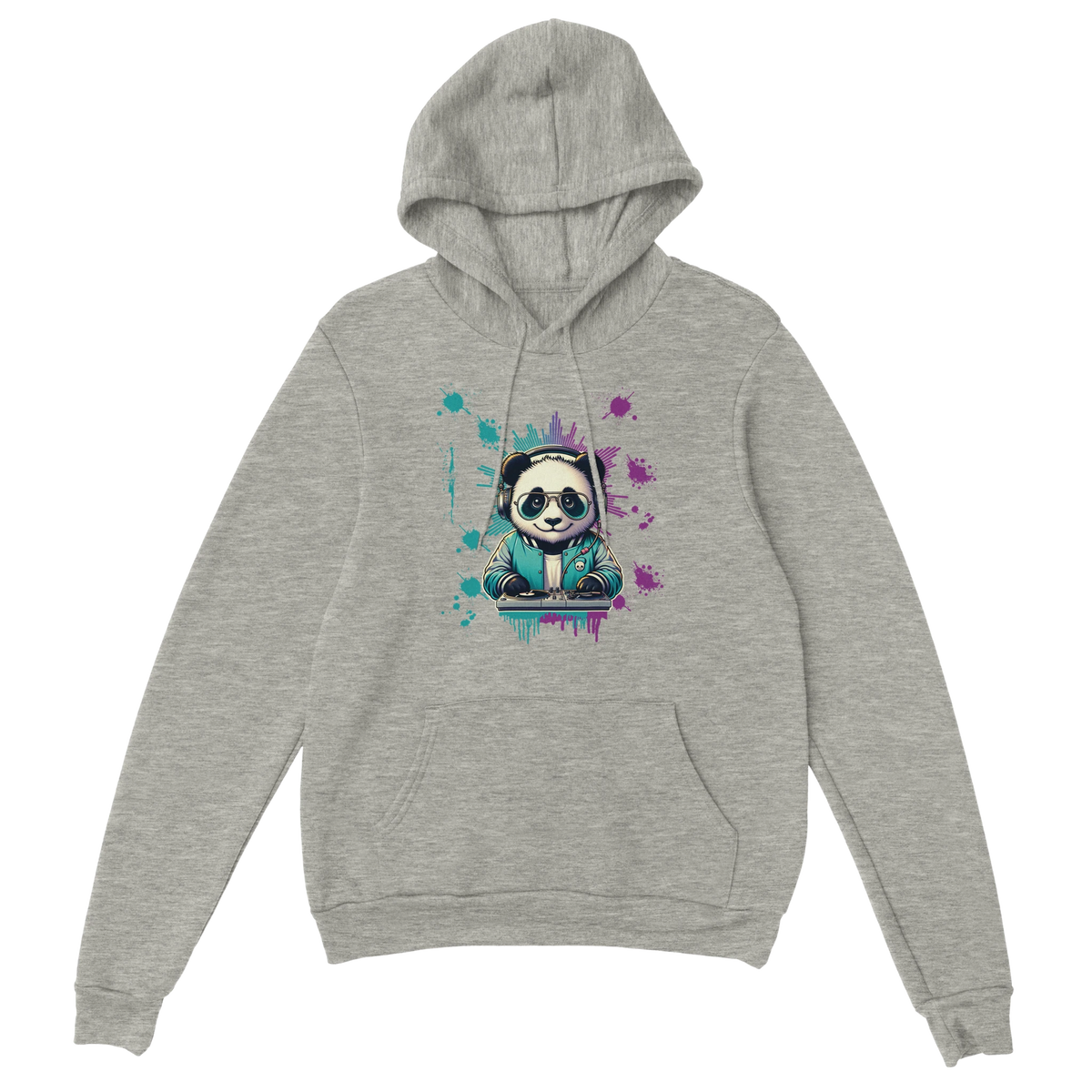 Panda DJ graphic hoodie on heather grey, front panda at turntables with colorful paint splashes.