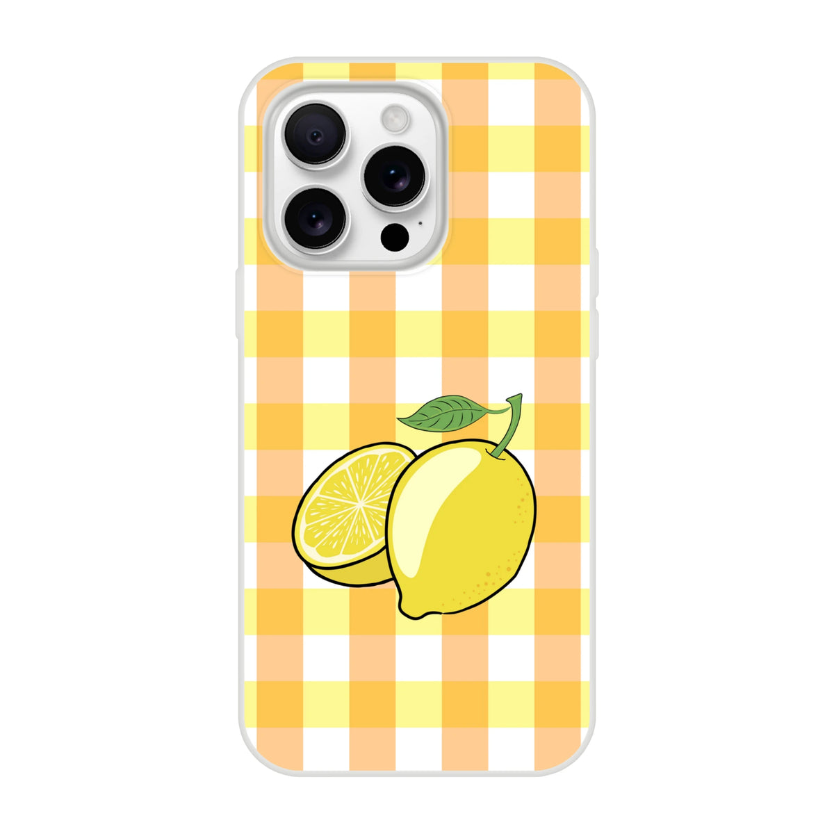 Yellow lemon-gingham iPhone case for iPhone 13-16 with lemon illustration and slim matte finish