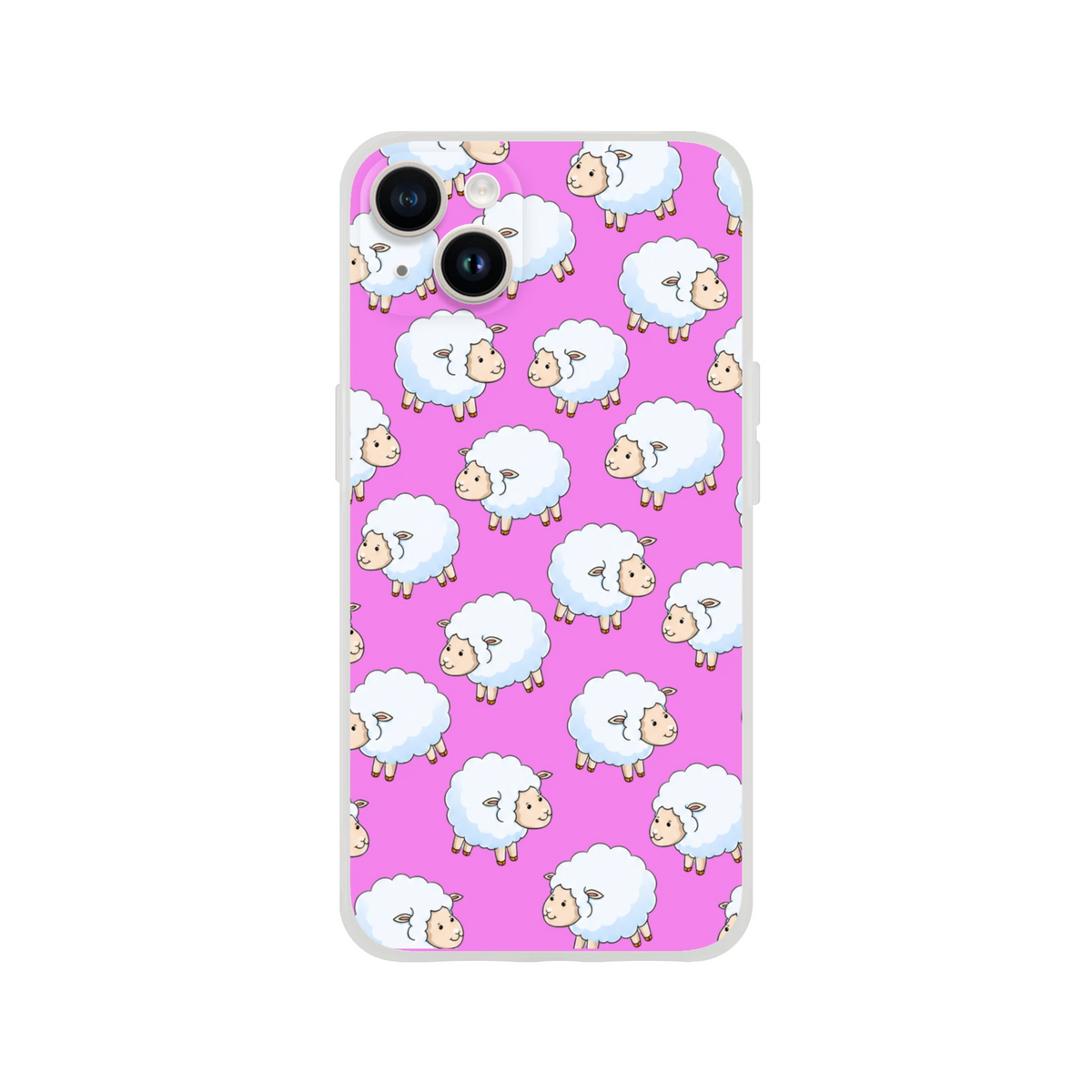 Pink iPhone case for 13-16 with a cute white sheep pattern on a pink background, kawaii farm design.